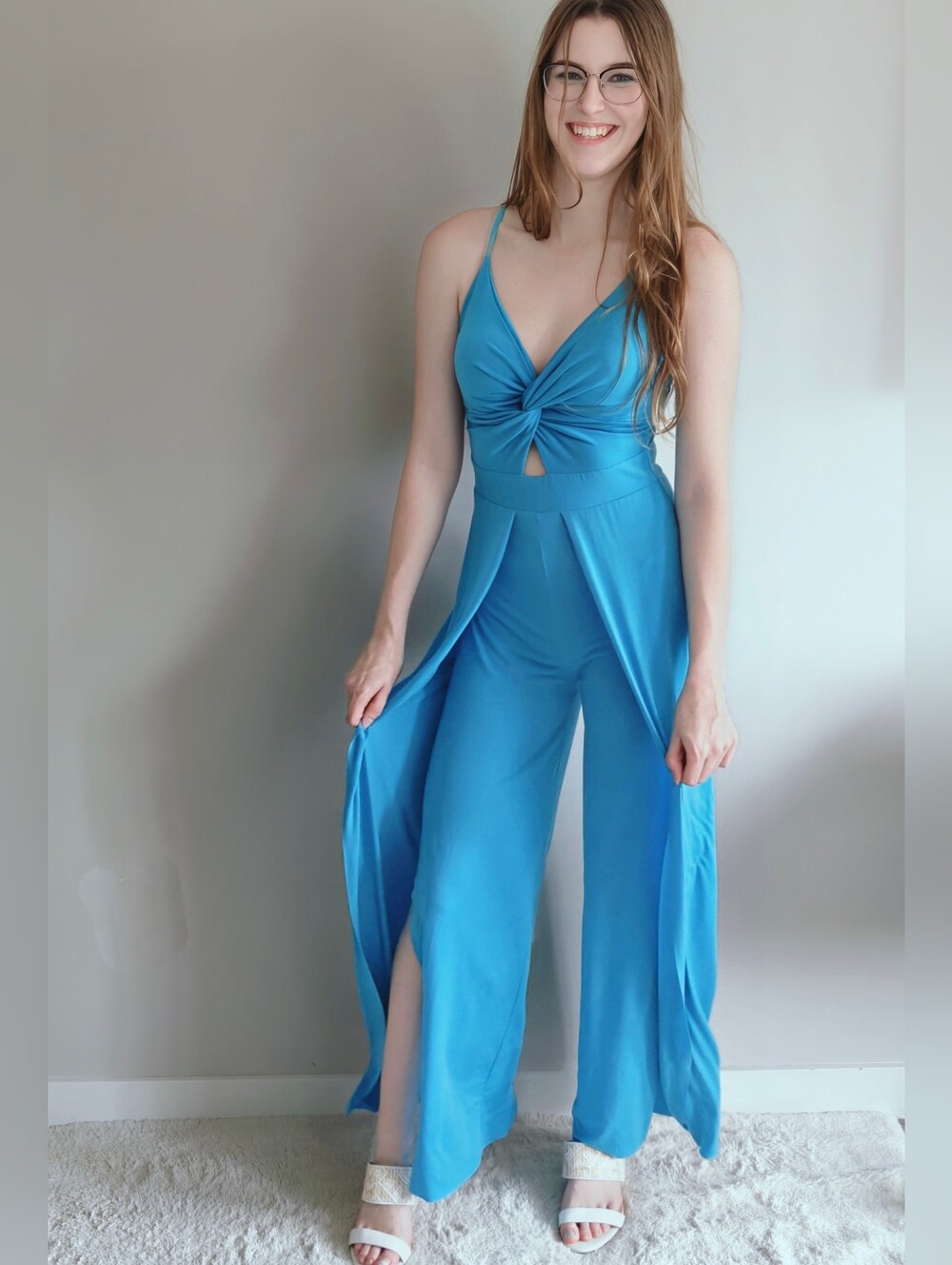 Made in Italy Bright Cobalt Blue Cut Out Tulip Leg Palazzo Jumpsuit | Size Small